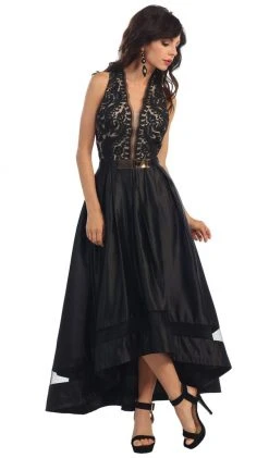 Formal Gowns May Queen - RQ7354 Lace Halter Neck Taffeta High Low Evening Gown