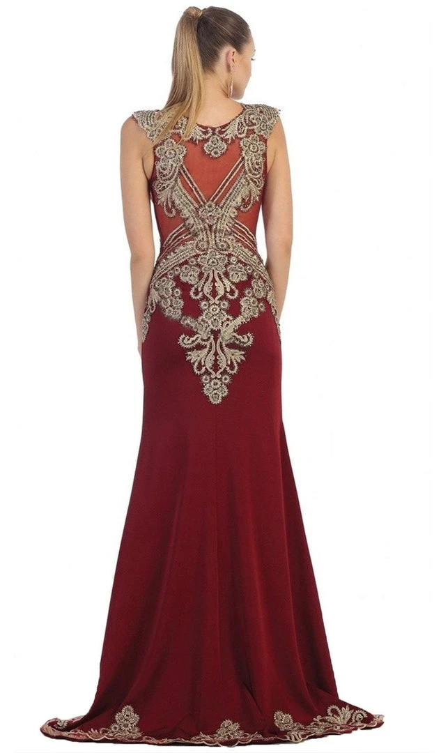 May Queen - RQ7435 Gold Embellished Sheer Jewel Sheath Evening Dress Formal Gowns 5 May Queen - RQ7435 Gold Embellished Sheer Jewel Sheath Evening Dress Formal Gowns