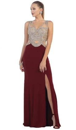 Formal Gowns May Queen - RQ7444 Sequined And Beaded Embellished Bodice Cutout Illusion Evening Gown