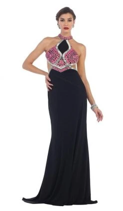 Formal Gowns May Queen - RQ7462 Halter Beaded Low Back Evening Dress