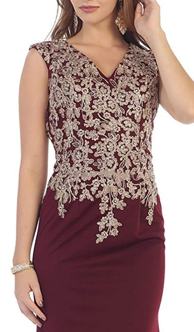 Formal Gowns May Queen - RQ7464 Metallic Lace Embroidered V-Neck Sheath Evening Dress 4 Formal Gowns May Queen - RQ7464 Metallic Lace Embroidered V-Neck Sheath Evening Dress