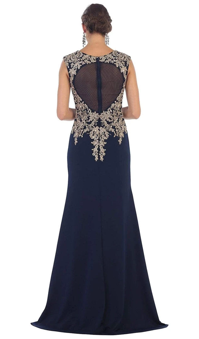 Formal Gowns May Queen - RQ7464 Metallic Lace Embroidered V-Neck Sheath Evening Dress 8 Formal Gowns May Queen - RQ7464 Metallic Lace Embroidered V-Neck Sheath Evening Dress