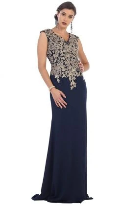 Formal Gowns May Queen - RQ7464 Metallic Lace Embroidered V-Neck Sheath Evening Dress 14 Formal Gowns May Queen - RQ7464 Metallic Lace Embroidered V-Neck Sheath Evening Dress