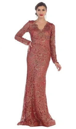 Formal Gowns May Queen - RQ7477 Long Sleeves Scallop Embellished Lace Evening Gown 12 Formal Gowns May Queen - RQ7477 Long Sleeves Scallop Embellished Lace Evening Gown