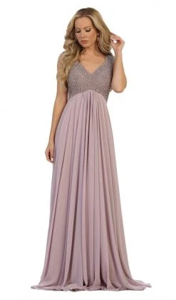 May Queen - RQ7512 Embellished V-neck A-line Dress With Train Formal Gowns