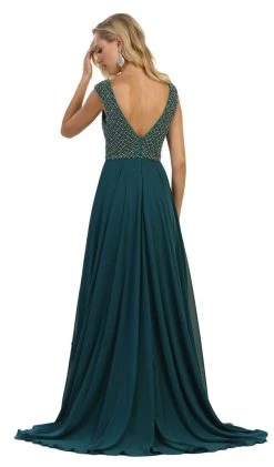 May Queen - RQ7512 Embellished V-neck A-line Dress With Train Formal Gowns