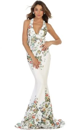 Formal Gowns May Queen - RQ7529 Deep V-Neck Floral Print Mermaid Evening Gown 12 Formal Gowns May Queen - RQ7529 Deep V-Neck Floral Print Mermaid Evening Gown