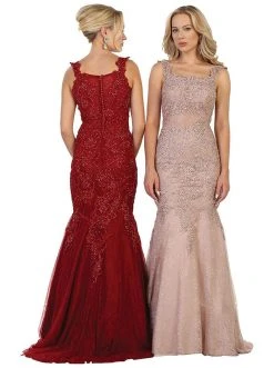 May Queen - RQ7544 Beaded Lace Square Neck Trumpet Evening Dress