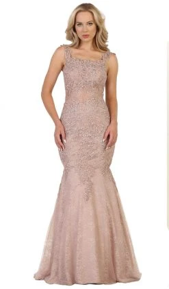 May Queen - RQ7544 Beaded Lace Square Neck Trumpet Evening Dress