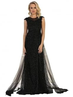 Formal Gowns May Queen - RQ7556 Cap Sleeve Embellished Jewel Neck Long Gown - 1 Pc Black In Size 10 Available