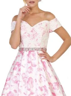 May Queen - RQ7574 Off-Shoulder Floral Print A-line Prom Gown