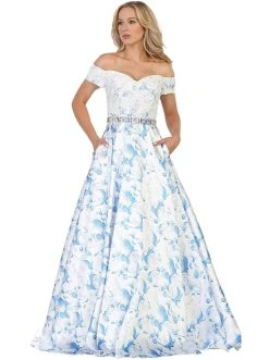 May Queen - RQ7574 Off-Shoulder Floral Print A-line Prom Gown 12 May Queen - RQ7574 Off-Shoulder Floral Print A-line Prom Gown