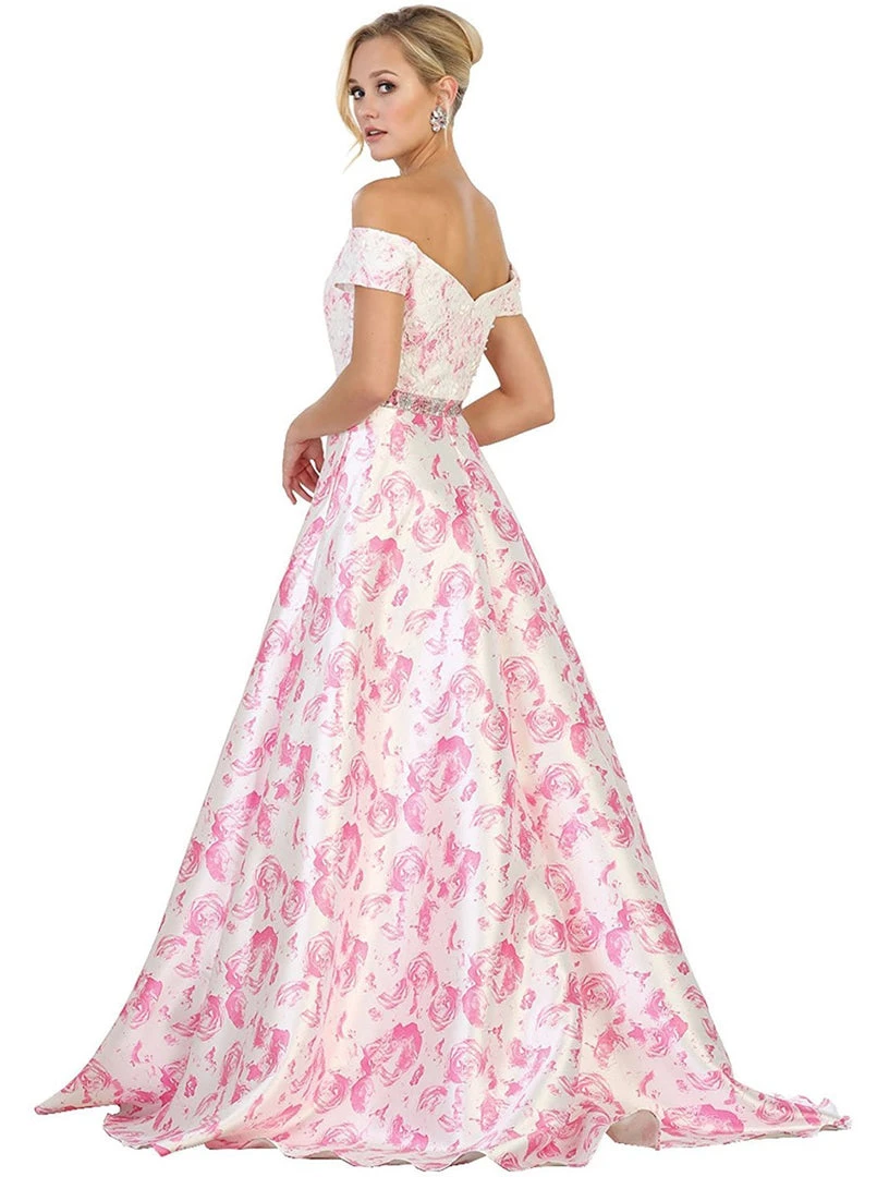 May Queen - RQ7574 Off-Shoulder Floral Print A-line Prom Gown 5 May Queen - RQ7574 Off-Shoulder Floral Print A-line Prom Gown