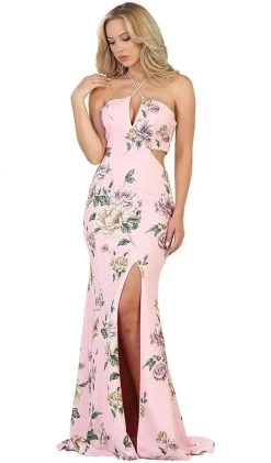 May Queen - RQ7580 Haltered Floral Print Sheath Evening Gown With Side Slit Formal Gowns