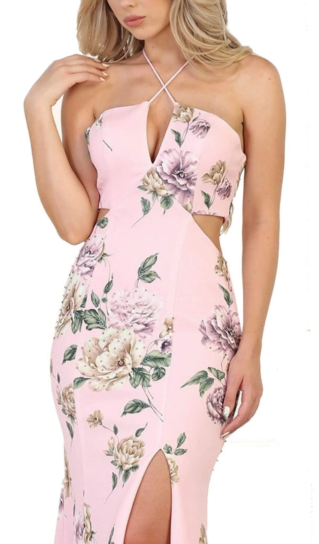 May Queen - RQ7580 Haltered Floral Print Sheath Evening Gown With Side Slit Formal Gowns 4 May Queen - RQ7580 Haltered Floral Print Sheath Evening Gown With Side Slit Formal Gowns