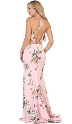 May Queen - RQ7580 Haltered Floral Print Sheath Evening Gown With Side Slit Formal Gowns 8 May Queen - RQ7580 Haltered Floral Print Sheath Evening Gown With Side Slit Formal Gowns