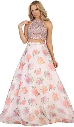 May Queen - RQ7581 Beaded Jewel Neck Two-Piece Floral A-line Formal Gown