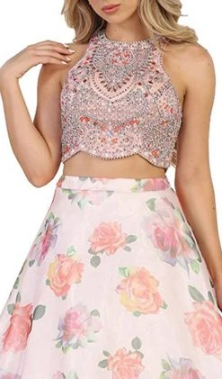 May Queen - RQ7581 Beaded Jewel Neck Two-Piece Floral A-line Formal Gown