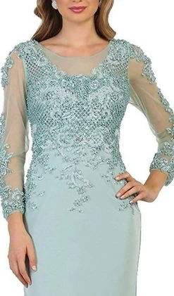 May Queen - RQ7594 Embellished Long Sleeve Illusion Scoop Sheath Mother Of The Bride Gown