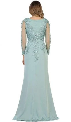 May Queen - RQ7594 Embellished Long Sleeve Illusion Scoop Sheath Mother Of The Bride Gown