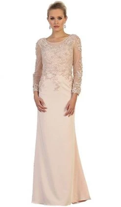 May Queen - RQ7594 Embellished Long Sleeve Illusion Scoop Sheath Mother Of The Bride Gown
