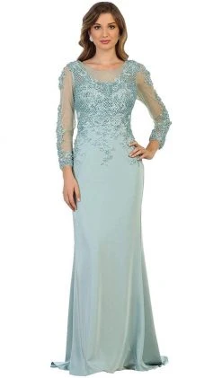 May Queen - RQ7594 Embellished Long Sleeve Illusion Scoop Sheath Mother Of The Bride Gown