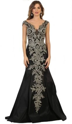 Formal Gowns May Queen - RQ7602 Embellished Wide V-neck Sheath Mother Of The Bride Gown