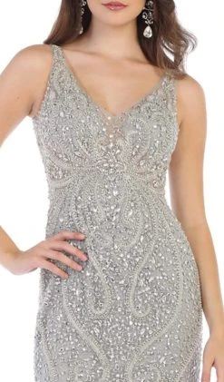 May Queen - RQ7650 Crystal Beaded V-neck Sheath Dress