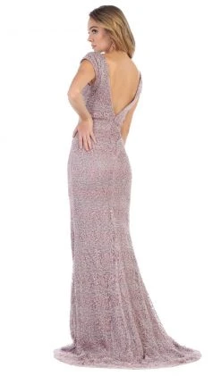 May Queen - RQ7654 Applique Deep V-neck Trumpet Dress