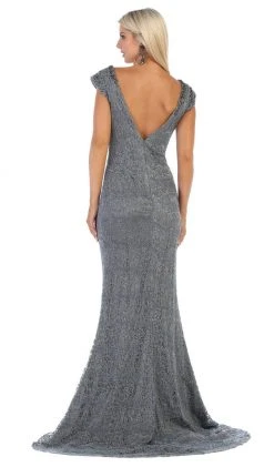 May Queen - RQ7654 Applique Deep V-neck Trumpet Dress