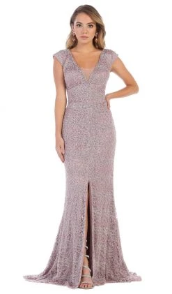 May Queen - RQ7654 Applique Deep V-neck Trumpet Dress
