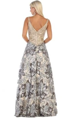 Formal Gowns May Queen - RQ7655 Two Tone Embellished Deep V-neck A-line Dress