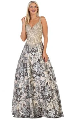 Formal Gowns May Queen - RQ7655 Two Tone Embellished Deep V-neck A-line Dress