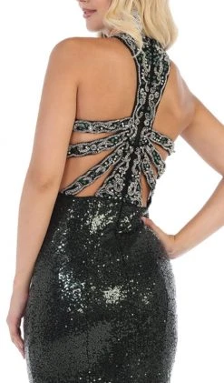 Formal Gowns May Queen - RQ7656 Crystal Trimmed Sequined High Slit Gown