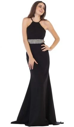 May Queen - RQ7660 Strappy Bejeweled Waist Halter Gown Formal Gowns