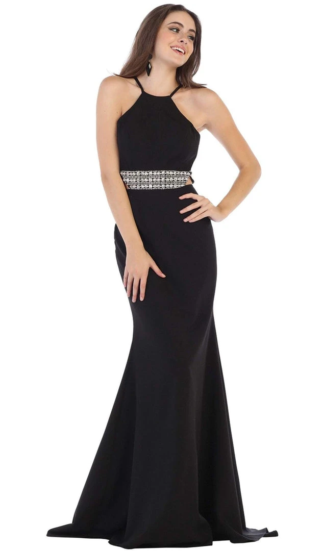 May Queen - RQ7660 Strappy Bejeweled Waist Halter Gown Formal Gowns 3 May Queen - RQ7660 Strappy Bejeweled Waist Halter Gown Formal Gowns