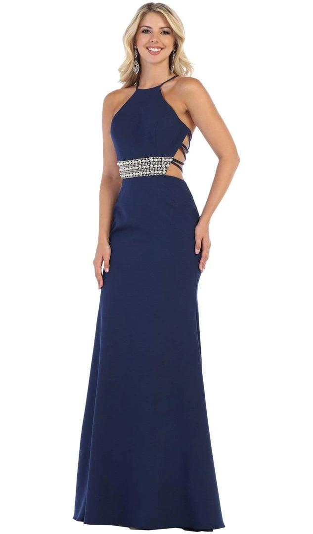 May Queen - RQ7660 Strappy Bejeweled Waist Halter Gown Formal Gowns 7 May Queen - RQ7660 Strappy Bejeweled Waist Halter Gown Formal Gowns