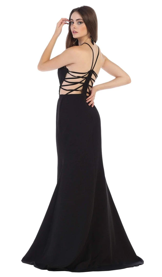 May Queen - RQ7660 Strappy Bejeweled Waist Halter Gown Formal Gowns 5 May Queen - RQ7660 Strappy Bejeweled Waist Halter Gown Formal Gowns