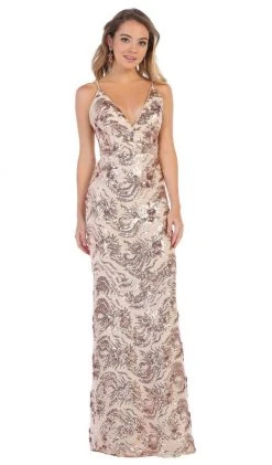 May Queen - RQ7666 Sequined Plunging V-Neck Sheath Gown