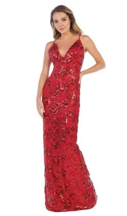 May Queen - RQ7666 Sequined Plunging V-Neck Sheath Gown