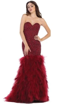May Queen - RQ7668 Strapless Crystal Ornate Feathered Tulle Gown