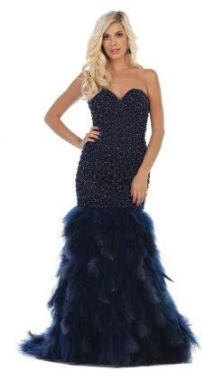 May Queen - RQ7668 Strapless Crystal Ornate Feathered Tulle Gown