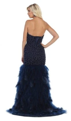 May Queen - RQ7668 Strapless Crystal Ornate Feathered Tulle Gown