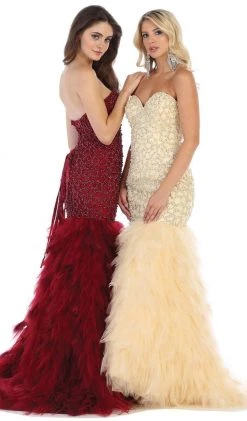 May Queen - RQ7668 Strapless Crystal Ornate Feathered Tulle Gown