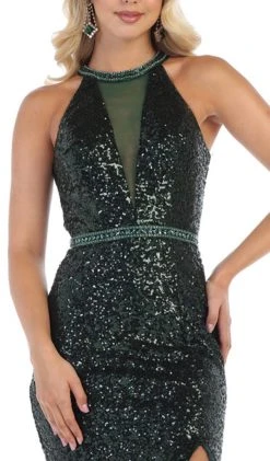 May Queen - RQ7673 Embellished Halter Trumpet Dress With Train Formal Gowns