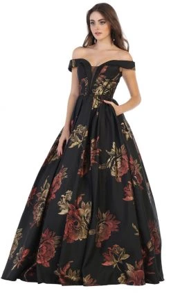Formal Gowns May Queen - RQ7675 Floral Patterned Deep Off-Shoulder Pleated Ballgown