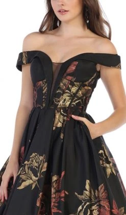 Formal Gowns May Queen - RQ7675 Floral Patterned Deep Off-Shoulder Pleated Ballgown