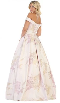 Formal Gowns May Queen - RQ7675 Floral Patterned Deep Off-Shoulder Pleated Ballgown