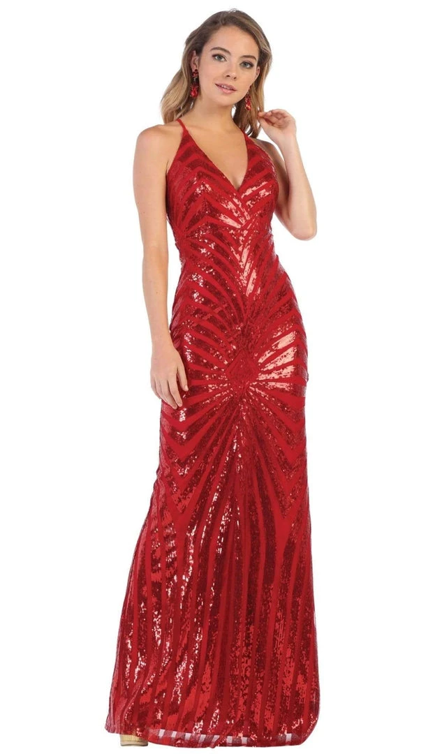 Formal Gowns May Queen - RQ7695 Embellished Plunging V-neck Sheath Dress 9 Formal Gowns May Queen - RQ7695 Embellished Plunging V-neck Sheath Dress