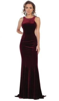 Formal Gowns May Queen - RQ7709 Plunging Scoop Back Velvet Gown 16 Formal Gowns May Queen - RQ7709 Plunging Scoop Back Velvet Gown